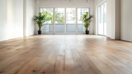 A spacious and bright room with wooden floors is illuminated by large glass windows, merging indoor comfort with an appreciation of the outdoor natural setting.