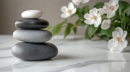 Obraz premium Minimalist spa scene with neatly stacked stones on a white marble surface, creating a peaceful ambiance with space for text, ideal for beauty and spa promotions