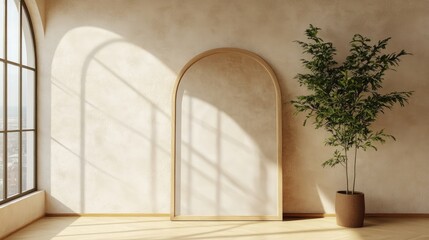 Minimalist interior design with an arched mirror. Perfect for showcasing products or creating a calming mood.