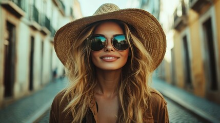 A fashionable woman is wearing sunglasses, posing confidently on an urban street, exuding modern style and confidence, set against a backdrop of city architecture.