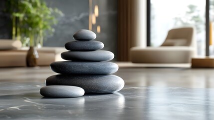 Zen-inspired composition with stacked spa stones on a smooth grey marble table, reflecting simplicity and calmness in a serene, peaceful setting