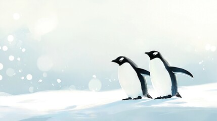 Obraz premium Two penguins standing together on a snow-covered ground with snowflakes surrounding them