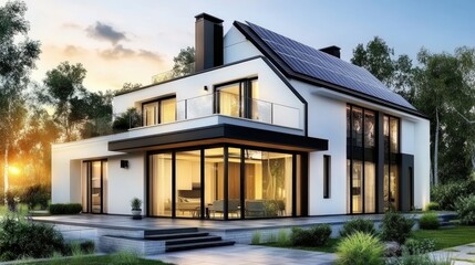 Fototapeta premium Modern house with solar panels. Illustrates sustainable living and green energy solutions.