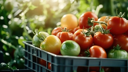A crate filled with vibrant tomatoes of varied ripeness, displayed against a lush garden background, embodying freshness and natural abundance.