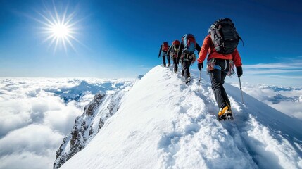 A group of mountaineers wearing gear climb a snow-covered peak under bright sunlight, creating an exhilarating image of adventure and exploration at high altitudes.