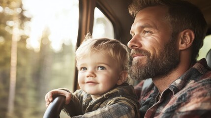 A father with his child shares a touching moment by the steering wheel on a road trip, capturing fatherly love and the simplicity of joyous connections in nature.