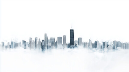 Obraz premium Cityscape emerging from fog with a tall building in the center..