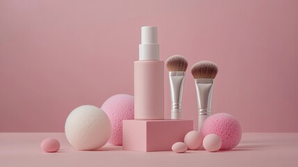 Cosmetic foundation bottle surrounded by soft makeup sponges and sleek brushes, pastel background, smooth textures, beauty essentials in focus