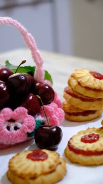 Cookies with cherry jam. Homemade freshly baked shortbread cookies