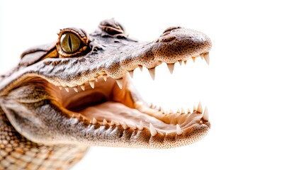 Fototapeta premium Crocodile close-up with mouth wide open, emphasizing its razor-sharp teeth and rugged skin texture, isolated on white. wild reptile, isolated animal