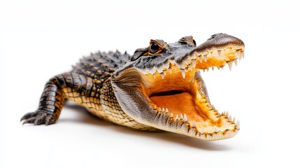 Fototapeta premium Crocodile frozen in a threatening pose, mouth wide open, emphasizing the power of its jaw and detailed skin patterns, isolated on a white backdrop