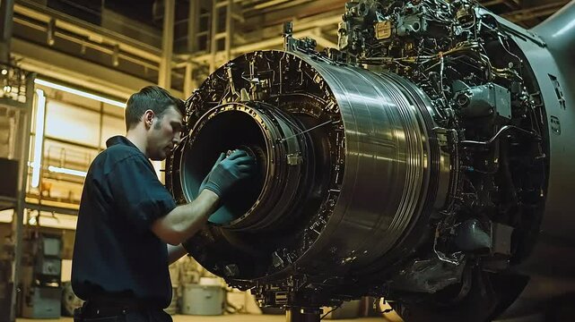 A technician inspects a large aircraft engine, highlighting the intricate details of the machinery and the importance of maintenance in aviation.