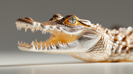 Obraz premium Crocodile mid-snap, mouth wide, capturing the raw power and energy, every detail of the scaly texture shown, white background for focus