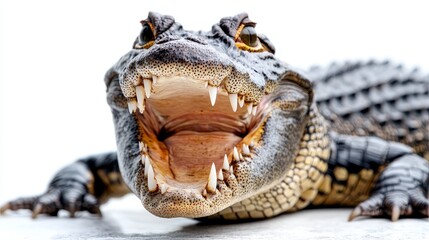 Obraz premium Crocodile mouth open in a threatening posture, isolated on white, showcasing fierce teeth and powerful jaw. wildlife close-up, isolated animal detail