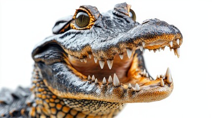 Fototapeta premium Crocodile mouth open in a threatening posture, isolated on white, showcasing fierce teeth and powerful jaw. wildlife close-up, isolated animal detail