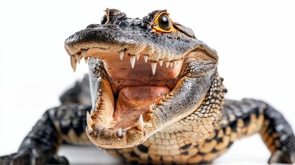 Obraz premium Crocodile with mouth wide open, sharp teeth glistening, isolated on pure white, showing aggression and power. wildlife predator, sharp focus