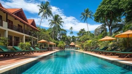 Fototapeta premium Tropical resort pool with lounge chairs and palm trees.