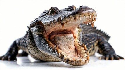 Fototapeta premium Crocodile mouth open in a threatening posture, isolated on white, showcasing fierce teeth and powerful jaw. wildlife close-up, isolated animal detail