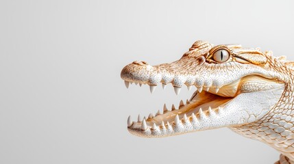 Obraz premium Crocodile with open jaws, positioned centrally, detailed texture of the skin and teeth in high definition, bright white studio backdrop