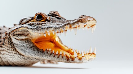 Obraz premium Crocodile with open jaws, positioned centrally, detailed texture of the skin and teeth in high definition, bright white studio backdrop