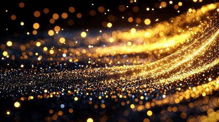 Naklejka premium Defocused gold and black tones with glowing lights, creating an elegant, minimal aesthetic. Gentle sparkle, soft focus, perfect for backgrounds