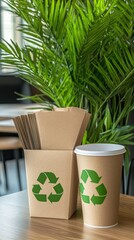 Fototapeta premium A sustainable paper tableware set features beige plates and cups with a recycling symbol, complemented by reusable origami stationery