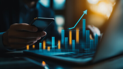 Businessman using smartphone and laptop to view innovation reports, digital graphs, analyze market changes and investments during holidays.