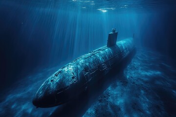 Naklejka premium Submarine underwater with sunlight. Great for illustrating military themes, marine life, and underwater exploration.