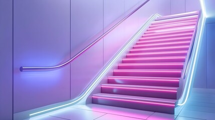 Obraz premium Minimalist billboard beside metal stairs, underground passage in a train station, neon lighting creating a bold urban advertising mockup environment