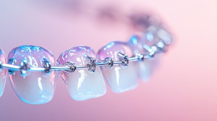 Detailed close-up of a tooth model with shiny metal braces, showcasing tension wires and brackets, isolated on a soft gradient background, Orthodontic treatment, Braces