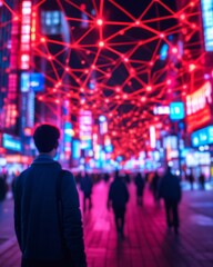 A vibrant cityscape illuminated by red lights and bustling pedestrians.