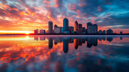 City skyline at sunset reflecting in the water
