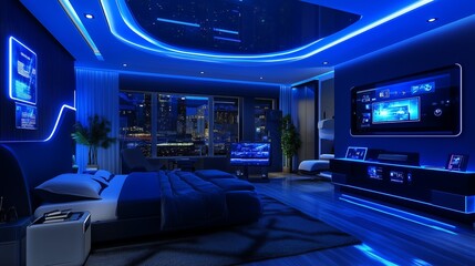Modern bedroom with blue neon lights and a city view.