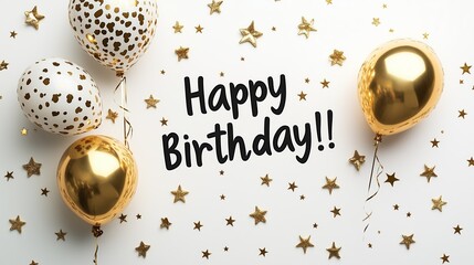 Gold and white balloons with confetti on white background.