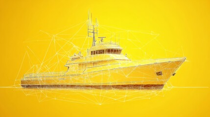 Naklejka premium Wireframe Model of a Modern Motor Yacht on a Yellow Background, Low Poly Design.3D Rendering