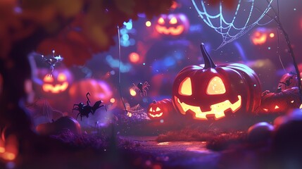 Glowing jack-o'-lanterns in a spooky Halloween scene.