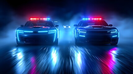 Naklejka premium Police cars chasing a vehicle through thick fog, intense headlights piercing the mist, cinematic angle, moody atmosphere, Cyberpunk style, blue neon accents, dynamic motion blur