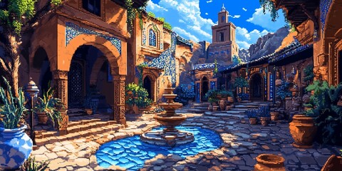 Fototapeta premium A courtyard with a fountain surrounded by ornate buildings.
