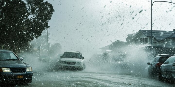 An extreme weather event like a massive hailstorm, with large hailstones damaging cars and homes