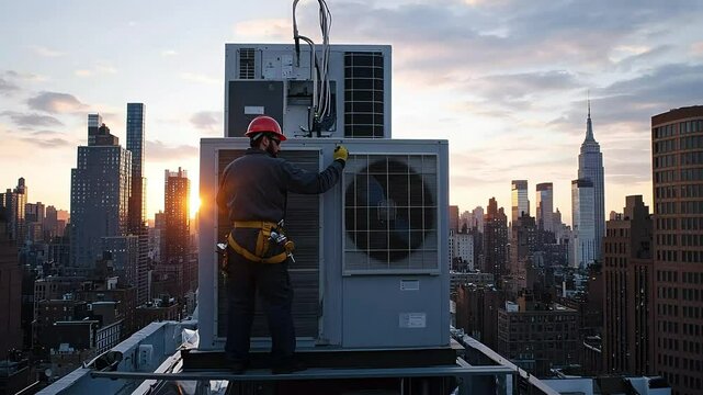 A technician works on a rooftop air conditioning unit during sunset, overlooking a city skyline with skyscrapers. The scene captures the blend of industry and urban life.