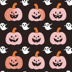 Smiling pink jack-o'-lantern and ghosts on a black background.