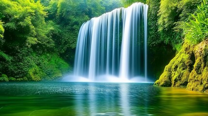 Obraz premium A cascading waterfall in a lush, green forest.