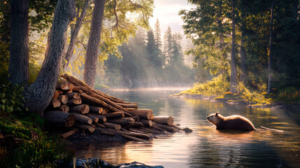 Beaver building a dam on a river in a natural forest setting