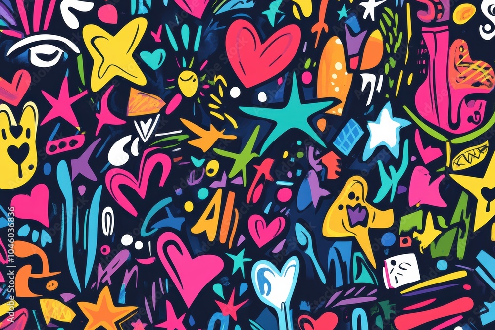 Aufkleber this doodle features an explosion of colors with stars, hearts, and arrows, capturing a playful and 