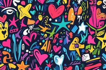 Fototapeta premium This doodle features an explosion of colors with stars, hearts, and arrows, capturing a playful and whimsical vibe in its design. Generative AI