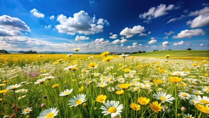 Spring flowers field landscape under blue sky