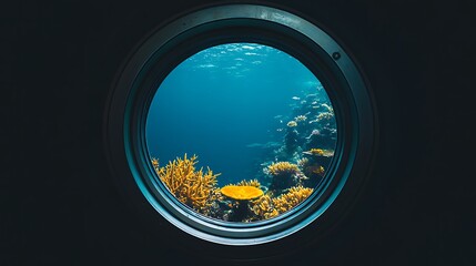 A round porthole window offers a glimpse of a vibrant underwater scene with colorful coral reefs and fish.