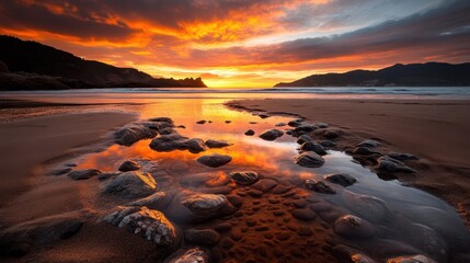 A breathtaking scene of a vibrant sunset over a rocky beach, capturing stunning reflections in shallow pools of water, with dramatic clouds enhancing the mood.