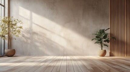 Wall mockup with wooden flooring in a minimal setting
