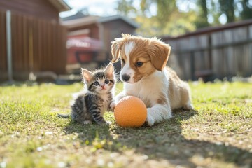 Cheerful puppy and kitten duo playing with a ball in a sunny yard